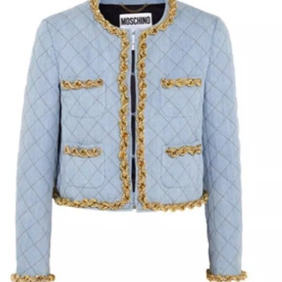 Moschino Jackets & Blazers - MOSCHINO COUTURE LIGHT WASH FADED DENIM QUILT GOLD CHAIN JACKET IT44 USA 10